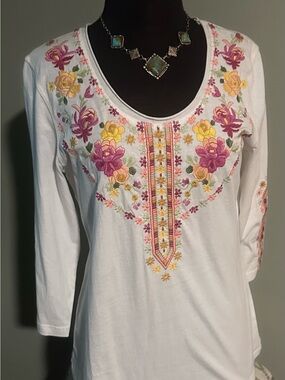 paparazzi White Long-Sleeve Top with Pink and Yellow Floral Embroidery